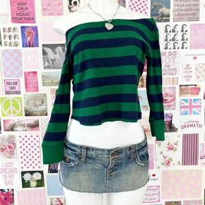 y2k navy green striped off shoulder long sleeve top
